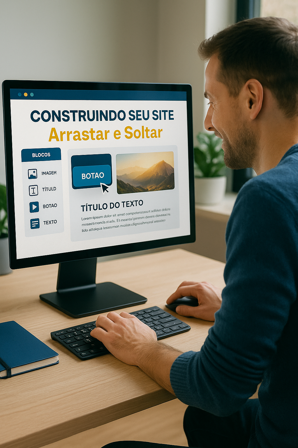 Homem construindo site com editor arrastar e soltar